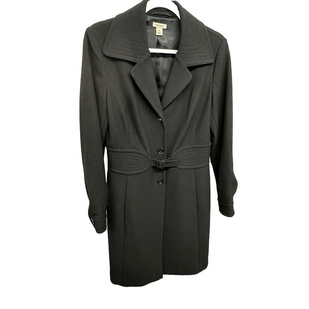 Halogen Coat Womens Sz M Wool Black‎ Overcoat Belted Dress - Picture 3 of 8